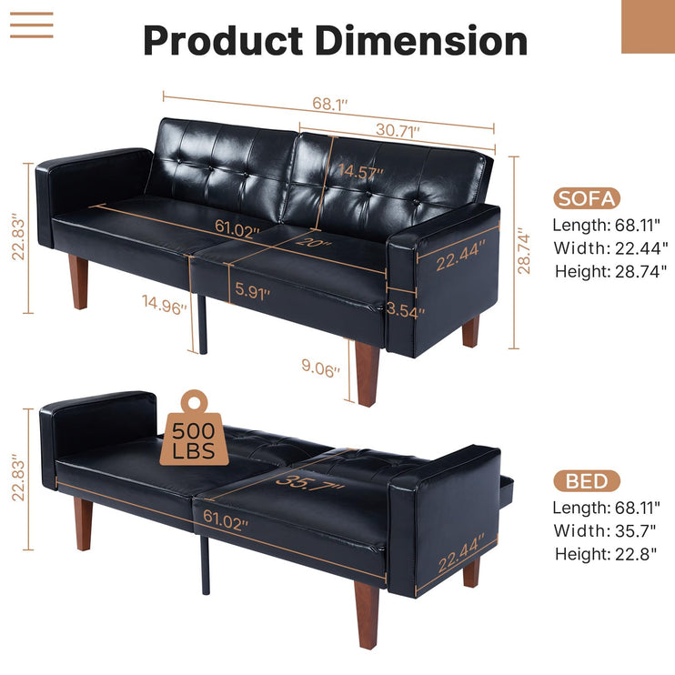 Futon Sofa Bed Futon Couch Loveseat, Convertible Recliner Lounge with Adjustable Backrest, Foam and Spring Cushions for Living Room Apartment Office, PU Leather, Glossy Black