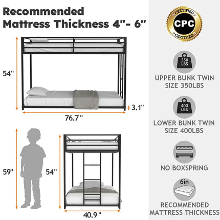 Twin Over Twin Bunk Bed, Metal Low Profile Bunkbeds with Full-Length Guardrail and Ladder, Space Saving, No Boxing Spring Needed, Black