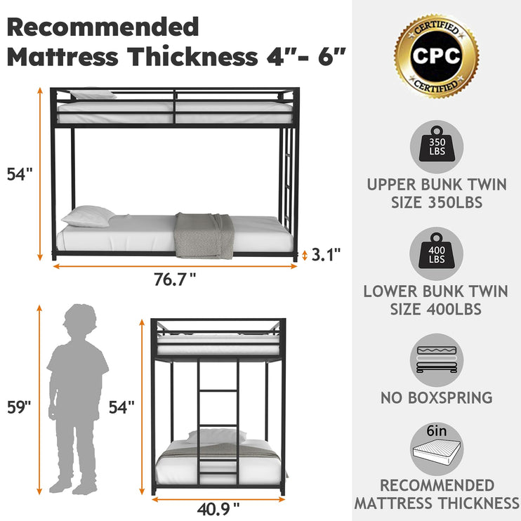 Twin Over Twin Bunk Bed, Metal Low Profile Bunkbeds with Full-Length Guardrail and Ladder, Space Saving, No Boxing Spring Needed, Black