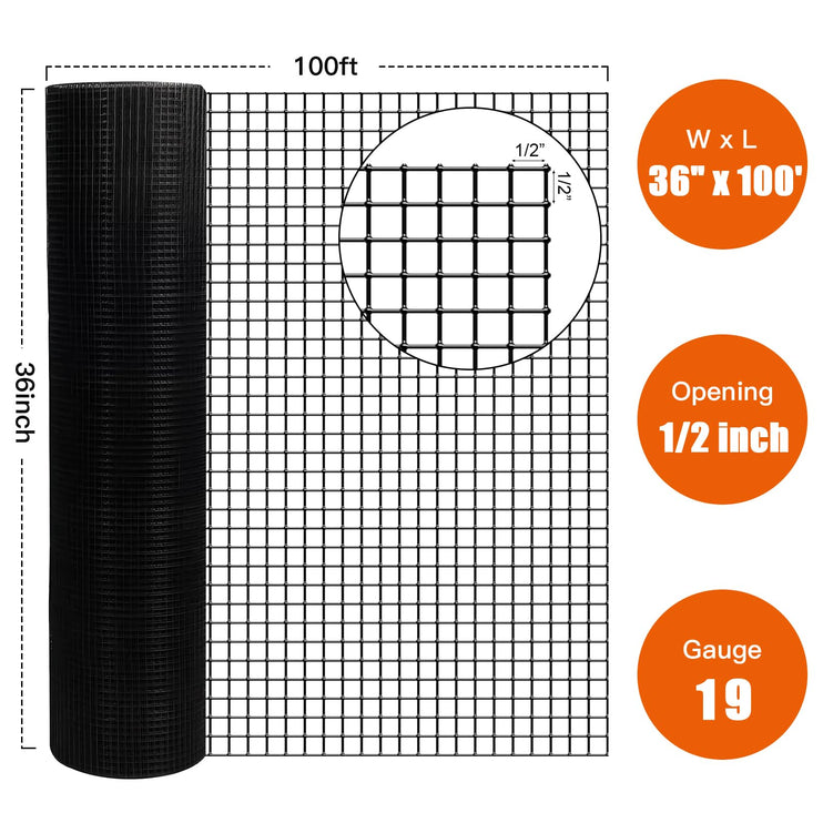 36" x 100' 1/2inch Hardware Cloth, Black Vinyl Coated Chicken Wire Fence Galvanized Welded Mesh Roll for Home Garden Rabbit Cage
