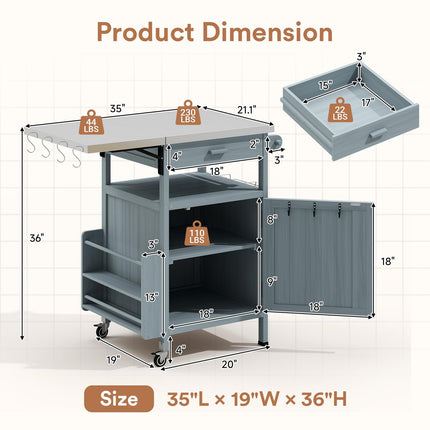 Outdoor Grill Cart with Drop Leaf, Stainless Steel Tabletop Outdoor Kitchen Island, Solid Wood Outdoor Buffet Cabinet with Drawer, Towel Rack, Lockable Wheels for Grilling, Brown/Light Wood Color/Gray-blue