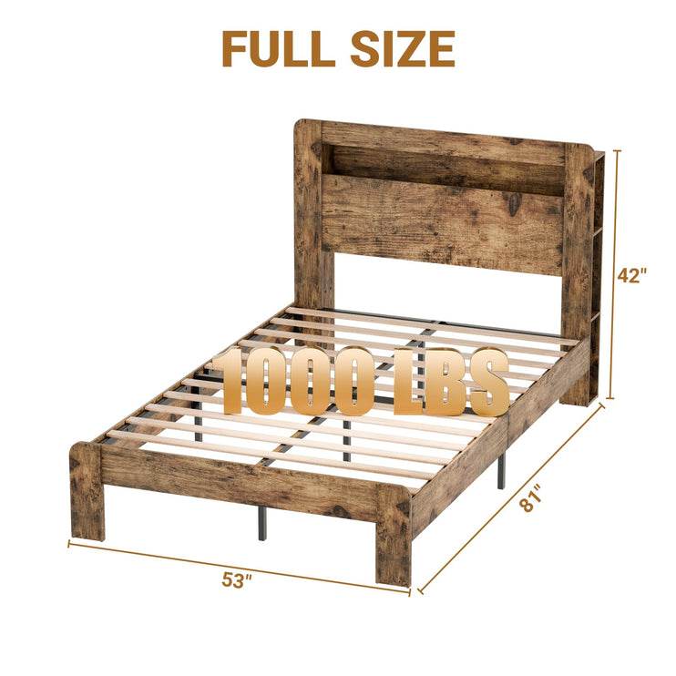 Full Size Bed Frame with LED Lights, Full Bed Frame with Headboard, Charging Station with 2 USB Ports & 2 AC Outlets, Sturdy Wood Framework, No Noise, Rustic Brown (Rectangular Slot)