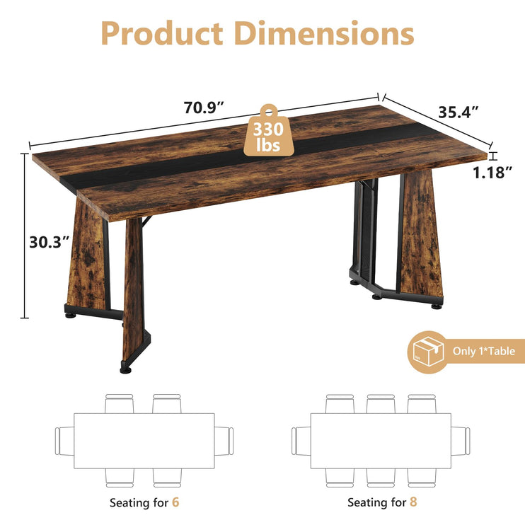 70.9" Large Dining Table for 8, Wood Dining Table for 6-8, Modern Farmhouse Kitchen Table with Spacious Tabletop & V-Shaped Steel Base, 8 Adjustable Legs for Kitchen, Office-Rustic Brown