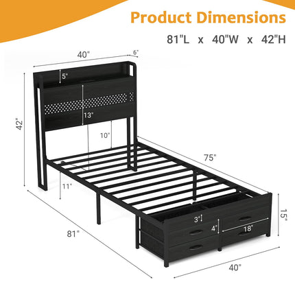 Twin Bed Frame with Storage Drawers, Twin Metal Bed Frame with LED Light and Charging Station, Heavy Duty Metal Slats, No Box Spring Needed, Black