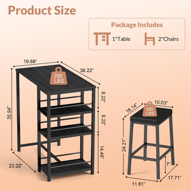 3 Pieces Pub Dining Table Set, Dining Table Set for 2, Counter Height Dining Set, Black Kitchen Bar Table, with 3 Storage Shelf & 2 H-Shaped Frame Support PU Stools for Bar, Kitchen-Black