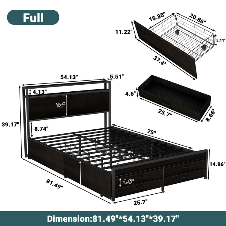 Full Bed Frames with Headboard, Full Size Storage Bed Frame with 8 Drawers, Built-in Charging Ports & Outlets, Adjustable Atmospheric LED Lights, Full-Size Metal Foundation Beds Base, Black