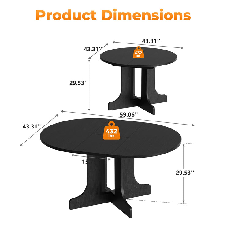 43"-59" Expandable Round Dining Table, Extendable Dining Room Table for 4-6, Oval Tabletop with Removable Leaf, Trestle X-Shaped Base & Metal Track for Dining Room, Living Room-Black