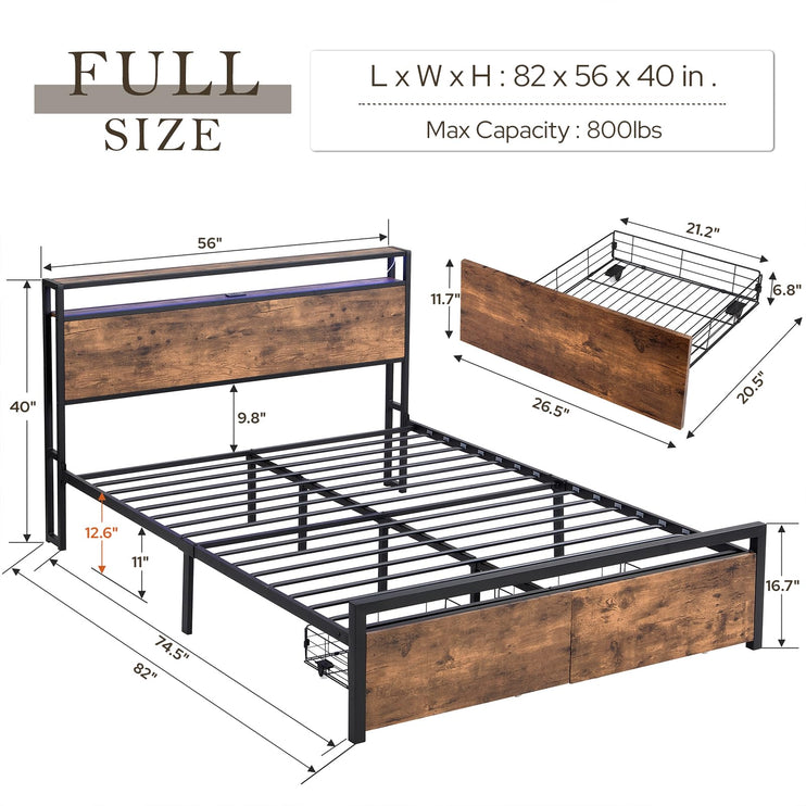Full Bed Frame with Drawers, Bed Frame Full with LED Lights, Charging Station with 3 USB Ports & 1 Type-C Port, Full Platform Bed Frame with Headboard, No Noise, Rustic Brown