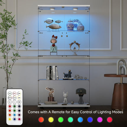Tempered Glass Display Cabinet with Lights, 4-Tier Curio Cabinet with Glass Doors and Lock, Glass Display Case for Collectibles, for Living Room, Bedroom, Office, Double Door, White