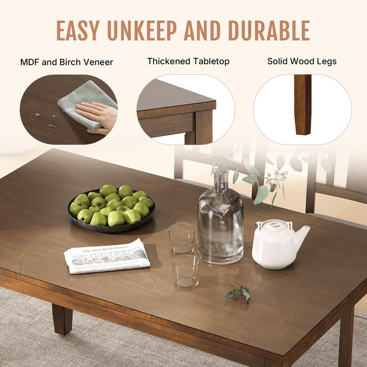 6-Piece Wooden Dining Set, Dining Table & Chair Set for 6, Includes Dining Table, 4 Upholstered Chairs & 1 Bench, Dining Table with Wood Legs, Table Set for Dining Room, Kitchen, Walnut
