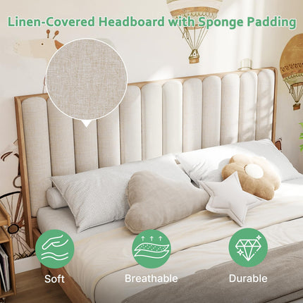 Wood Queen/King Bed Frame with Piano Key Style Upholstered Headboard, Sturdy Solid Wood Framework & Wooden Slat Support, No Box Spring Required, Wheat