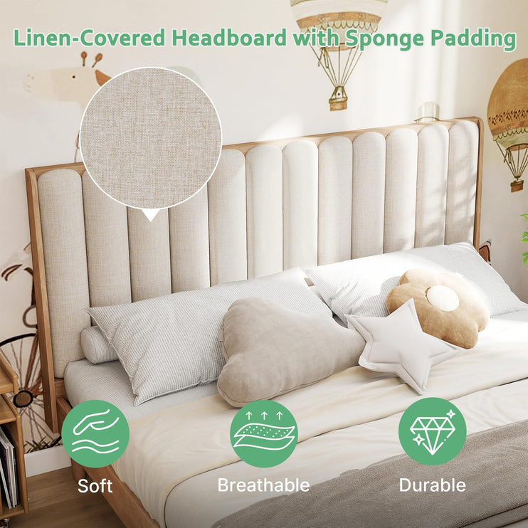 Wood Queen/King Bed Frame with Piano Key Style Upholstered Headboard, Sturdy Solid Wood Framework & Wooden Slat Support, No Box Spring Required, Wheat