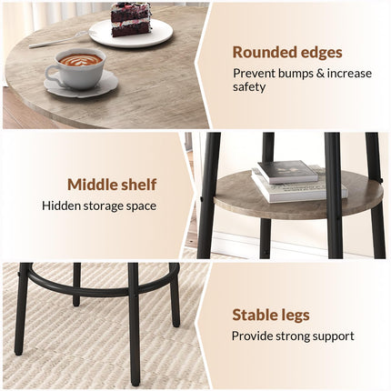 3 Pieces Round Bar Table and Chairs Set, Small Dining Table for 2, Kitchen Bar Table, Breakfast Table with Storage, 2 Thickened Cushion Stools with Backrest for Dining Room & Bistro-Grey