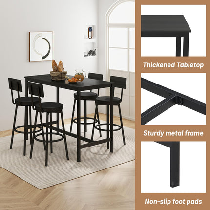 Dining Table Set for 4, 5-Piece Bar Table Set, Kitchen Table and Chairs, Counter Height High Top Table with 4 PU Upholstered Stools, Space-Saving Pub Tables Set for Small Space, Black