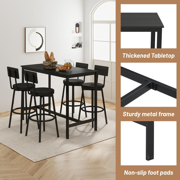 Dining Table Set for 4, 5-Piece Bar Table Set, Kitchen Table and Chairs, Counter Height High Top Table with 4 PU Upholstered Stools, Space-Saving Pub Tables Set for Small Space, Black