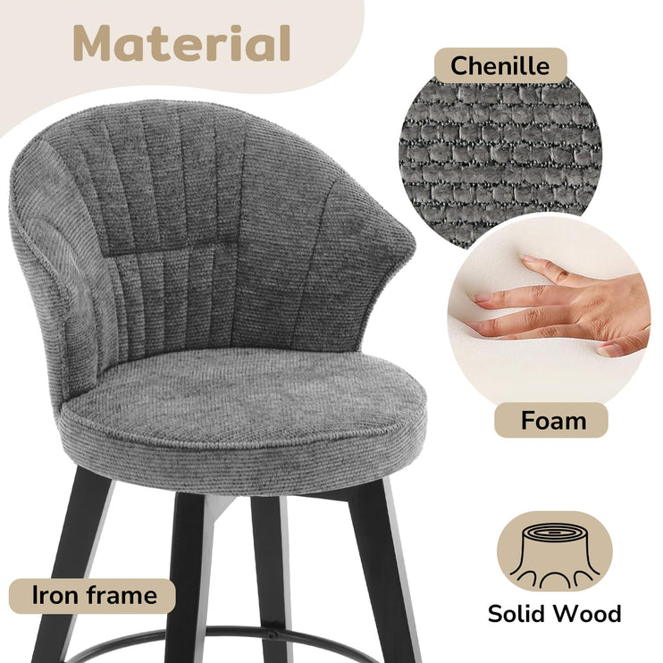 Bar Stools Set of 2, 25" Counter Height Stools, 360° Swivel Bar Stools, Stools for Kitchen Counter, Barstools Set of 2 with Wood Legs & Chenille Upholstery for Pub & Dining Room-Grey