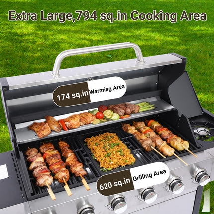 7 Burner Gas Grill with Side Burner, Dual-sided Frying Plate, Thermometer, Wheels, Side Tables, Stainless Steel Burner, 65,910 BTU Outdoor Grill for Patio, Garden, Balcony