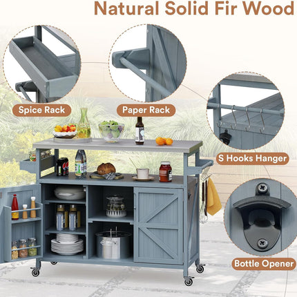 Outdoor Grill Cart with Storage, Stainless Steel Tabletop Outdoor Kitchen Island, Fir Wood Outdoor Buffet Cabinet with Lockable Wheels for Grilling, Gray-Blue
