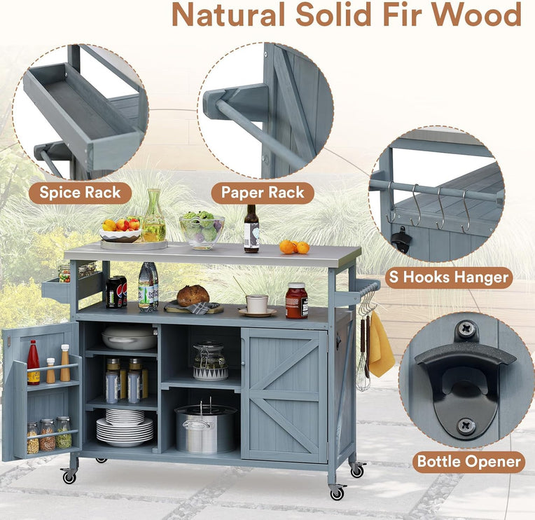 Outdoor Grill Cart with Storage, Stainless Steel Tabletop Outdoor Kitchen Island, Fir Wood Outdoor Buffet Cabinet with Lockable Wheels for Grilling, Gray-Blue