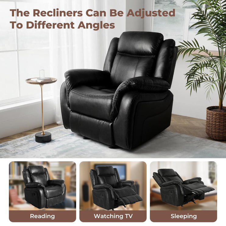 Leather Manual Recliner Sofa Set, 1, 2, 3 Seat Reclining Chairs with Adjustable Angles, Center Console, Hidden Storage & Cup Holders, Modern Reclining Furniture for Living Room & Bedroom, Black