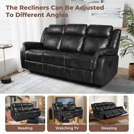 Leather Manual Recliner Sofa Set, 1, 2, 3 Seat Reclining Chairs with Adjustable Angles, Center Console, Hidden Storage & Cup Holders, Modern Reclining Furniture for Living Room & Bedroom, Black
