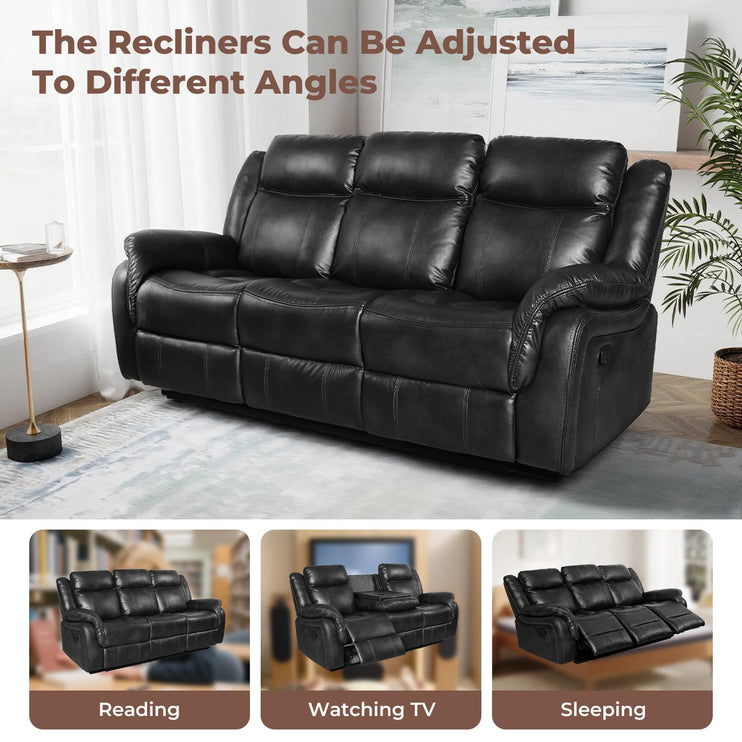 Leather Manual Recliner Sofa Set, 1, 2, 3 Seat Reclining Chairs with Adjustable Angles, Center Console, Hidden Storage & Cup Holders, Modern Reclining Furniture for Living Room & Bedroom, Black