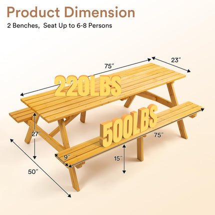 8 Person Wood Picnic Table, Rectangle Tabletop with Umbrella Hole, 2 Built-in Long Benches, 2220LBS Total Capacity for Gardens, Yards, Pale Wood
