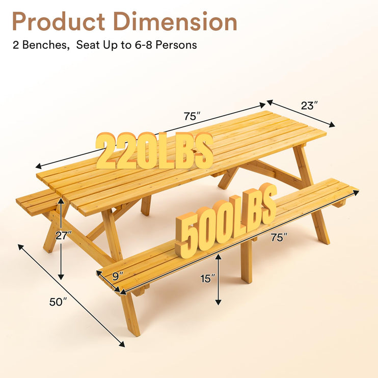 8 Person Wood Picnic Table, Rectangle Tabletop with Umbrella Hole, 2 Built-in Long Benches, 2220LBS Total Capacity for Gardens, Yards, Pale Wood