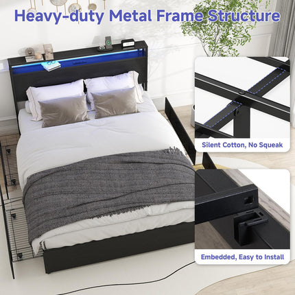 Queen Bed Frame with 4 Storage Drawers, Queen Size Bed Frame with Headboard, LED, Charging Station with USB Ports & AC Outlets, Sturdy Metal Slat Support, No Noise, Black
