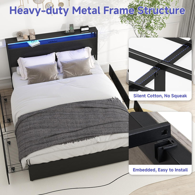 Queen Bed Frame with 4 Storage Drawers, Queen Size Bed Frame with Headboard, LED, Charging Station with USB Ports & AC Outlets, Sturdy Metal Slat Support, No Noise, Black