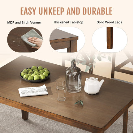 6-Piece Solid Wood Dining Table Set, Including 1 Dining Table, 4 Upholstered Chairs and 1 Bench, Wooden Dining Table Set for Kitchen, Dining Room, Walnut