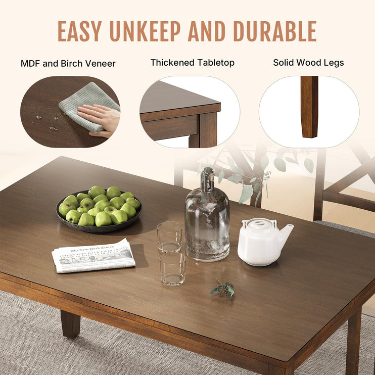 6-Piece Solid Wood Dining Table Set, Including 1 Dining Table, 4 Upholstered Chairs and 1 Bench, Wooden Dining Table Set for Kitchen, Dining Room, Walnut