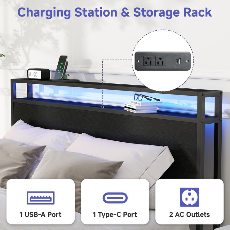Full Bed Frame with 4 Storage Drawers, Full Size Bed Frame with Headboard, LED, Charging Station with USB Ports & AC Outlets, Sturdy Metal Slat Support, No Noise, Black