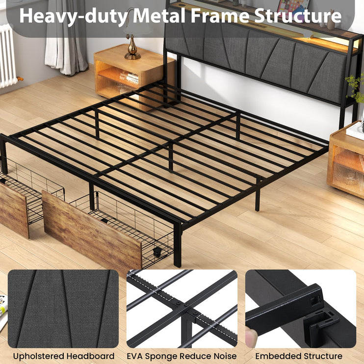 Queen Bed with Storage Shelf, Queen Bed with LED Lights, Charging Station & Drawers, Queen Size Bed with Upholstered Headboard, No Noise, Black and Brown