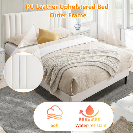 Upholstered Bed Frame King, PU Leather Upholstered Bed Frame with Headboard, Mattress Foundation with Sturdy Wooden Slats, No Box Spring Needed, No Noise, White