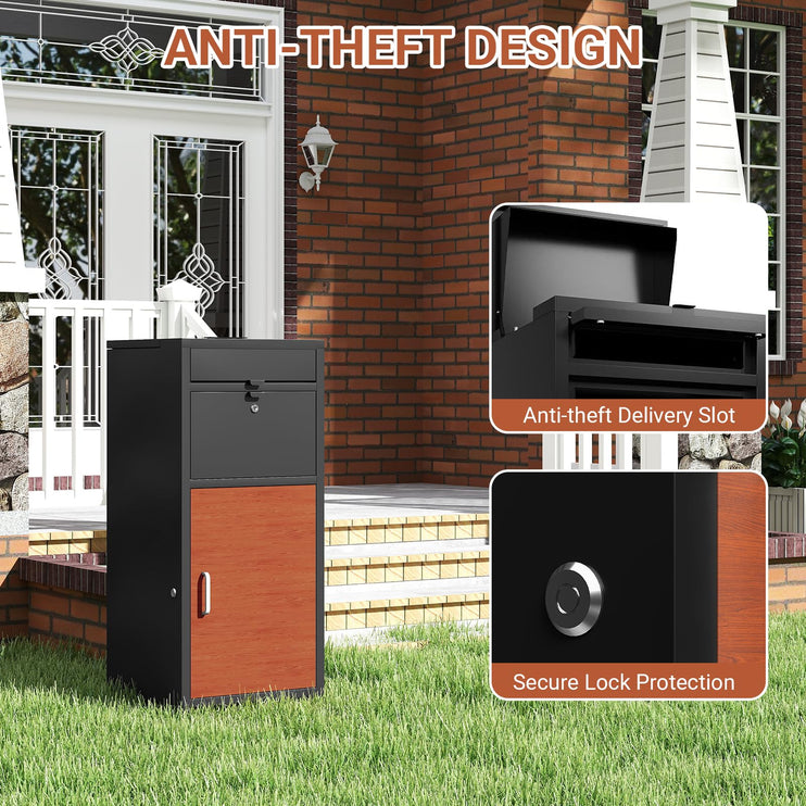 36.6'' Package Delivery Box for Outside, Anti-Theft Parcel Drop Box with Lock, Mail and Package Storage for Porch, Courtyard Entrance, Garage, or Apartment Door, Black and Brown
