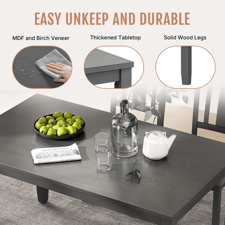 6-Piece Wooden Dining Table Set, Dining Table Set for 6, Including 1 Dining Table, 4 Upholstered Chairs and 1 Bench, Wooden Legs Dining Table, Table Set for Dining Room & Kitchen, Grey