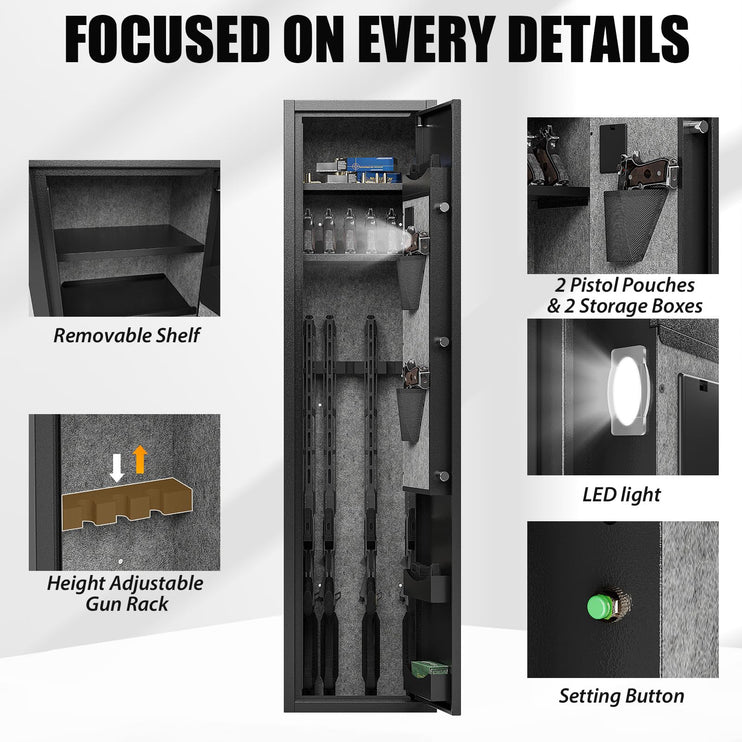 6 Gun Safe, Rifle Gun Safe Quick Access Rifle Safe for Home, Digital Keypad Gun Cabinet with Adjustable Gun Rack, Pistol Bags and Storage Boxes, LED Light