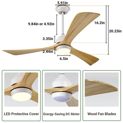 52 Inch Ceiling Fan with Light, Modern Ceiling Fan with Light and Remote, 3 Wooden Blades, Reversible DC Motor, Quiet Ceiling Fan for Bedroom/Living Room/Office, Light Wood