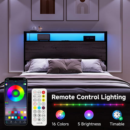 Queen Bed Frame with 4 Drawers & Headboard, Queen Size Metal Platform Bed Frame with Charging Station, LED Lights, Sturdy & Stable Queen Size Bedframe, Noiseless, No Box Spring Needed