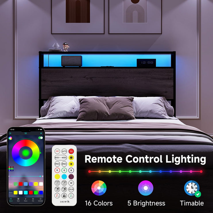 Queen Bed Frame with 4 Drawers & Headboard, Queen Size Metal Platform Bed Frame with Charging Station, LED Lights, Sturdy & Stable Queen Size Bedframe, Noiseless, No Box Spring Needed