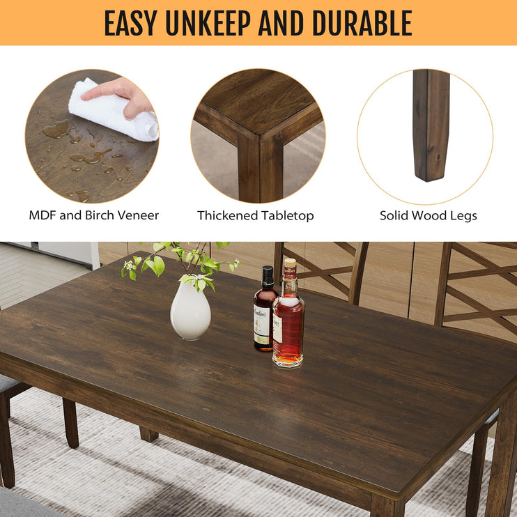 6-Piece Solid Wood Dining Table Set, Includes 1 Dining Table, 4 Upholstered Chairs and 1 Bench, Wooden Legs Dining Table Set for Dining Room, Kitchen, Restaurant, Walnut