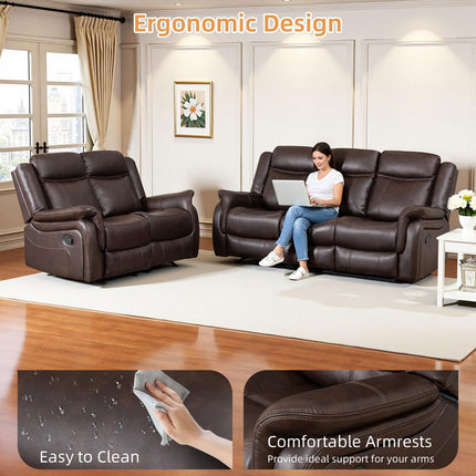 Adjustable Recliner Sofa Set, 2-Piece Reclining Couch (1+3, 2+3), Single Seat Recliner & Sofa Set with PU Leather, Cup Holders, Ergonomic Backrest & Angle Adjustment for Living Room & Office, Brown Seat