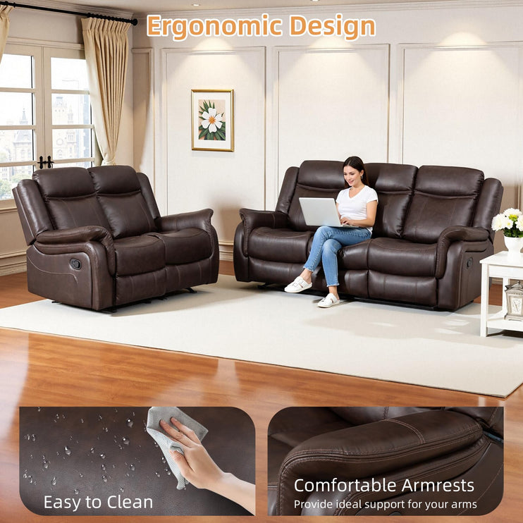 Adjustable Recliner Sofa Set, 2-Piece Reclining Couch (1+3, 2+3), Single Seat Recliner & Sofa Set with PU Leather, Cup Holders, Ergonomic Backrest & Angle Adjustment for Living Room & Office, Brown Seat