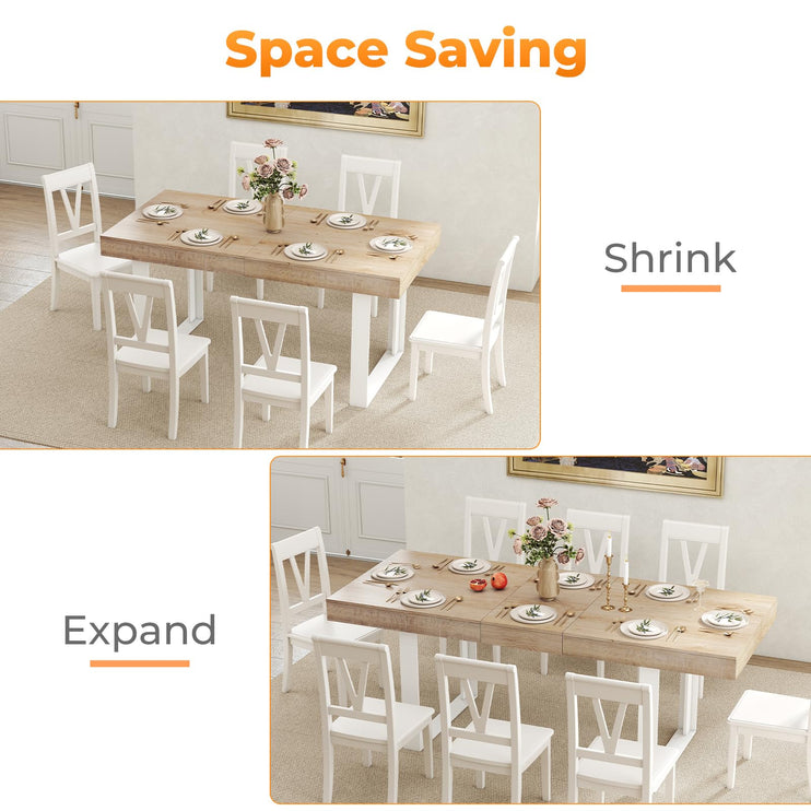 63"-78.7" Expandable Dining Table, 6-10 Farmhouse Kitchen Table, Extendable Dining Table, Rectangular Kitchen Table with Metal Track, Tapered U-Shaped Legs for Dining Room, Office-Oak