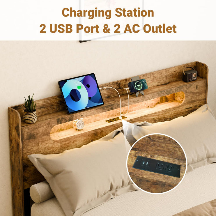 Queen Platform Bed Frame with Headboard, LED Bed Frame Queen with Charging Station, 2 USB Ports & 2 AC Outlets, Sturdy Wood Framework, Noiseless, Rustic Brown (Arc Edge Rectangular Slot)