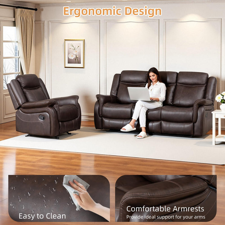 Adjustable Recliner Sofa Set, 2-Piece Reclining Couch (1+3, 2+3), Single Seat Recliner & Sofa Set with PU Leather, Cup Holders, Ergonomic Backrest & Angle Adjustment for Living Room & Office, Brown Seat