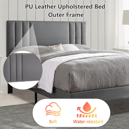 Upholstered Bed Frame King, PU Leather Upholstered Bed Frame with Headboard, Mattress Foundation with Sturdy Wooden Slats, No Box Spring Needed, No Noise, Grey