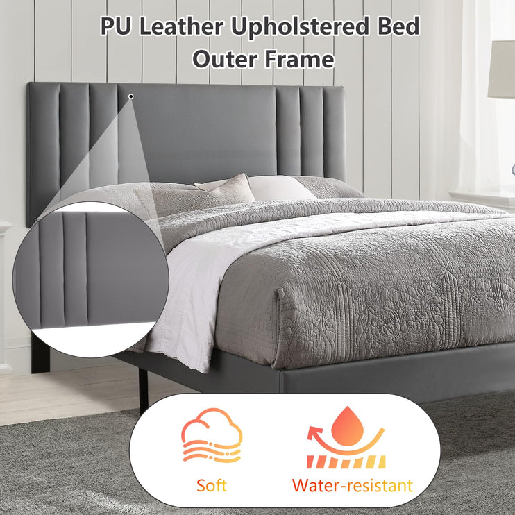 Upholstered Bed Frame King, PU Leather Upholstered Bed Frame with Headboard, Mattress Foundation with Sturdy Wooden Slats, No Box Spring Needed, No Noise, Grey