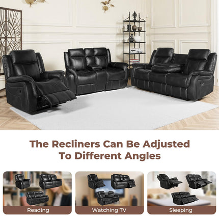 Leather Manual Recliner Sofa Set, Reclining Sofa Chair with Adjustable Angle, Living Room Furniture Sets, Includes Single Recliner Chair and Loveseat Sofa, Black